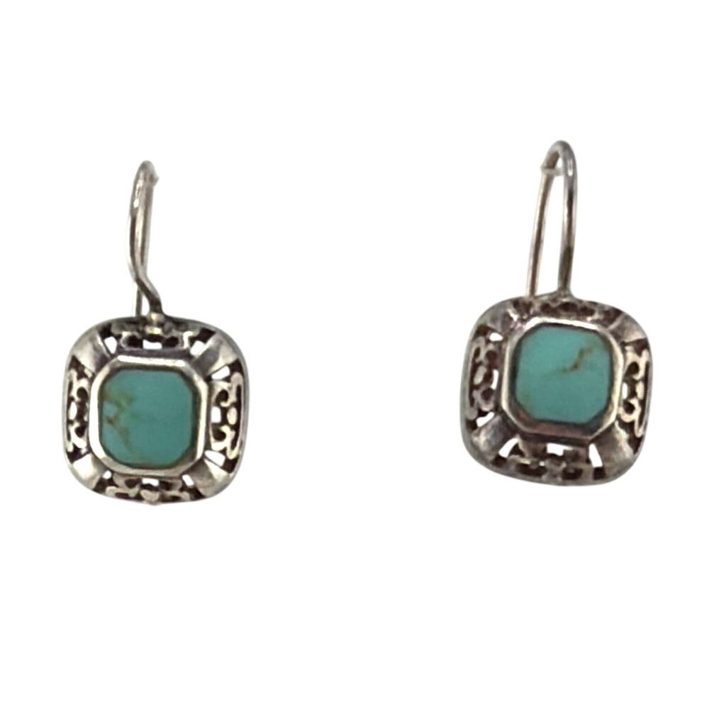 Vintage Sterling Silver and Square Cut Turquoise Filigree Earrings